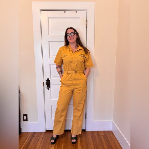 Vintage Pants - 70s Vintage Yellow Cotton Blend Boiler Suit w Chainstitch Detailing Sz M-L
